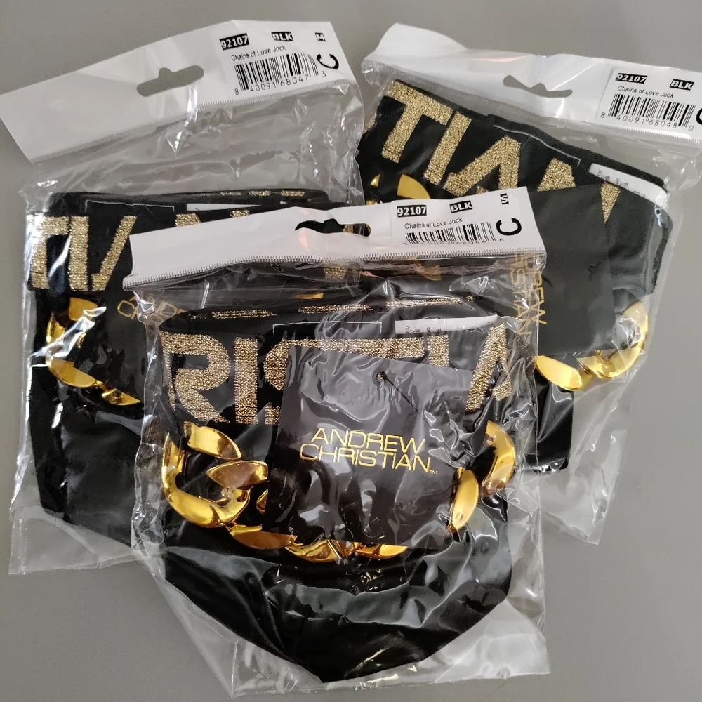 Andrew Christian jock Small Chains of Love latex look black gold SML NWT - Picture 7 of 9